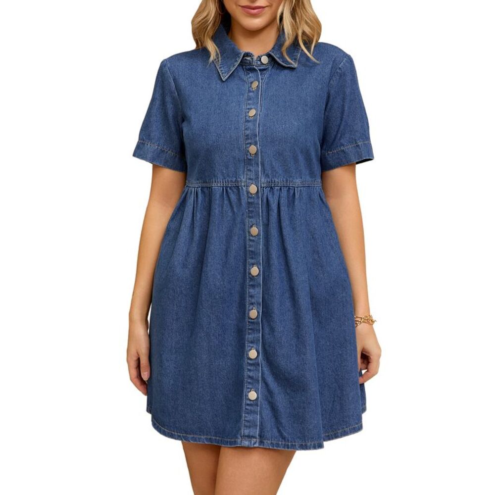 Babydoll Tiered Short Sleeve Button Down Jean Shirt Dresses Blue